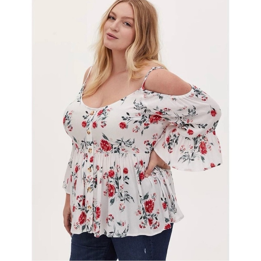 Torrid White and Red Ruffled Peplum Blouse with Bell Sleeves
